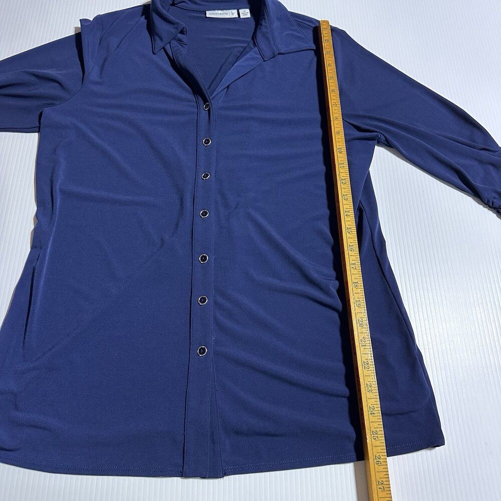 Susan Graver Button Front Shirt Navy Blue Ruched Sleeve Size M Medium Liquid - Picture 8 of 10